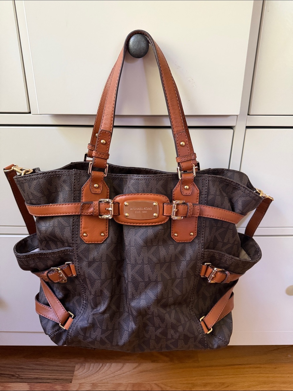 Michael Kors Gansevoort Brown Logo Tote with Tan Leather Trim